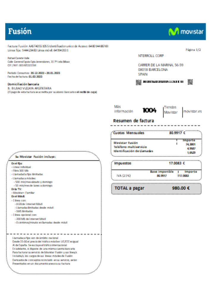 Movistar Fusion telecom operator utility business bill, SCR PSD template